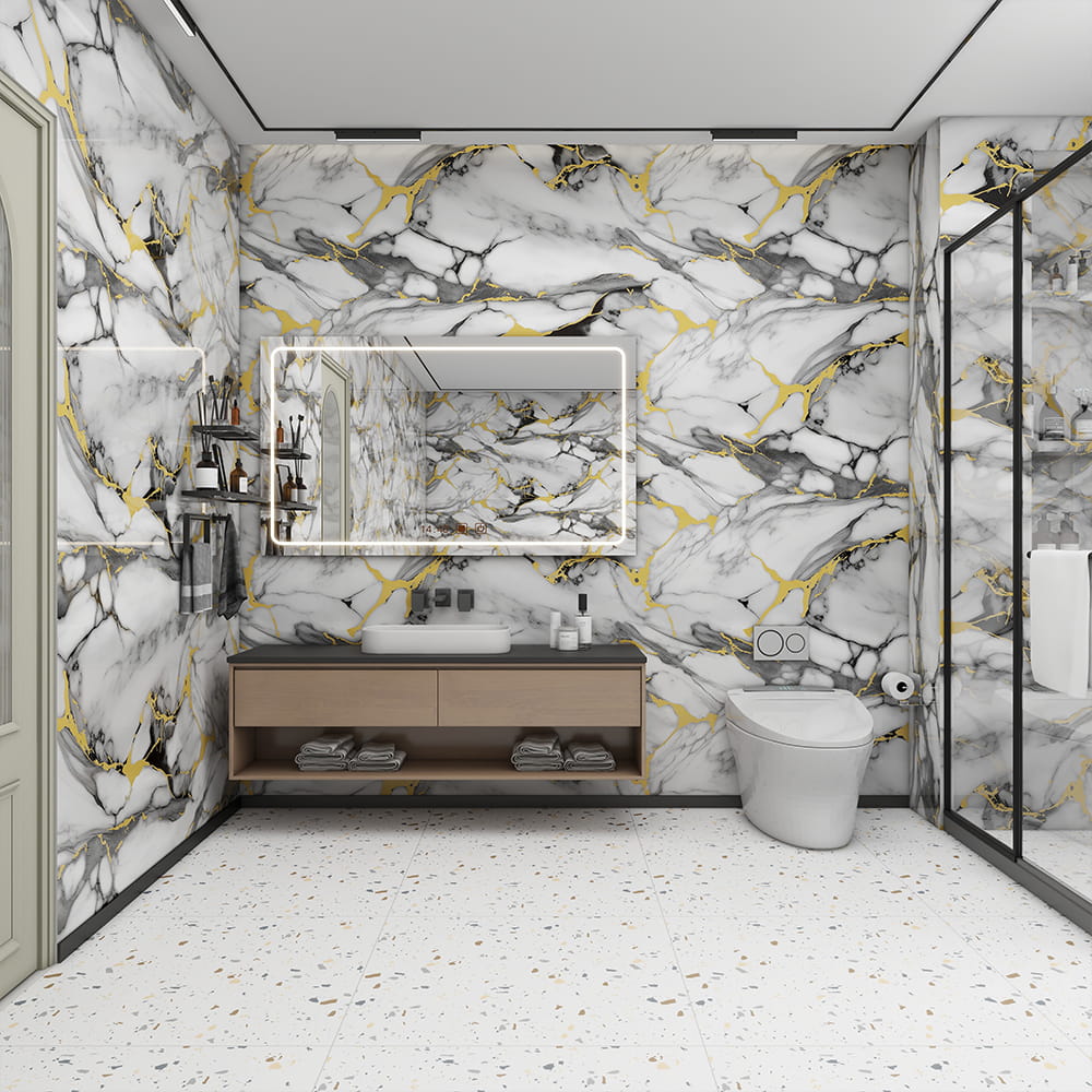 โมเดิร์นหินอ่อนเคลือบเงาสูงวอลล์เปเปอร์ม้วน PVC กันน้ำภายในบ้านตกแต่งหินอ่อนแผ่นสติกเกอร์